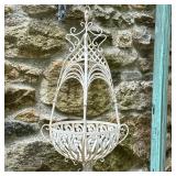 ANTIQUE WROUGHT IRON HANGING PLANTER | Painted white wrought iron hanging planter, with liner. - h. 
