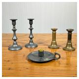 (5PC) BRASS & PEWTER CANDLESTICKS | Includes pair of pewter candlesticks stamped “England”, pair of 