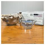 (3PC) VINTAGE PYREX BOWL SET | New in box 3 piece pyrex bowls with blue ribbon design. - h. 4 x dia.