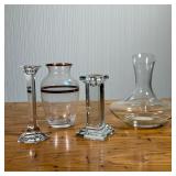 MIXED GLASS LOT | Including: two candlesticks, large cylindrical ribbed vase, small vase with gilt a