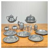 (16PC) ASSORTED PEWTER | Includes: 4 cordial glasses, 2 teapots, creamer & sugar bowl, 4 plates, pla