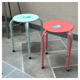 (2PC) PAIR LOW METAL STOOLS | Including one red and one blue low stool. - h. 17.5 x dia. 11.5 in