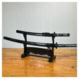 (2PC) PAIR OF REPLICA SAMURAI SWORDS | Pair of replica samurai swords on stand. - l. 41 x w. 6 x h. 