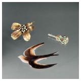 (3PC) COSTUME JEWELRY PINS | Including a carved dove mother of pearl pen, a pho, diamond, lily pin, 