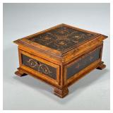 SCROLL INLAID ANTIQUE JEWELRY BOX | The interior with a hinged mirror and fitted with blue tufted sa