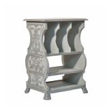 PAINTED MAGAZINE/BOOK HOLDER | Having 3 slotted compartments over 2 shelves with carved wood sides. 