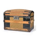 DOME TOP ANTIQUE STORAGE TRUNK | With a rare fitted interior fully intact showing patterned applied 
