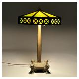 SLAG GLASS PANELED LAMP | Octagonal shade.