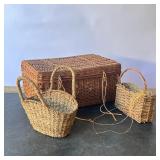 MISC BASKETS AND PICNIC BASKETS | 2 small baskets and 1 picnic basket. - l. 19 x w. 13-1/2 x h. 9 in