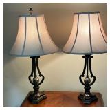 (2pc) Pr. Stylistic Lamps | Two Lamps in a bronze color, with an unusual metal tri design, center ca