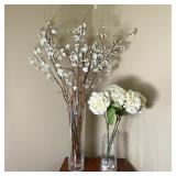 (2pc) Poland Glass Vases W/Silk Flowers | Lot Includes: * Tall Vase labeled “Hand Made in Poland”. H