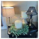 (4pc) Table Lamps & Candles | Includes: Painted black metal battery operated lamp, Glass Cylinder el