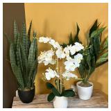 (3pc) Faux Potted Plants | Lot includes three plants: * Orchids in ceramic white pot. * Tropical Gre