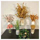 (7pc) Faux Plants & Flowers | Seven different faux plants in ceramic, metal and wicker vases and con