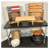 (12pc) Crates & Baskets | Lot of: (4) wooden display crates, (1) Earth Bench-Maine wood footstool, (