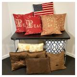 (11pc) Throw Pillows #1 | Eleven Assorted Pillows including Peace and Flag designs. - l. 17” x w. 1.
