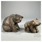 (2pc) PAIR CERAMIC BEAR FIGURINES | Clay bear figurines, artist marked on bottom. - l. 7 x w. 4.5 x 