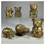 (6pc) BRASS BEARS | Including: 4 brass teddy bear figurines with 1 coin bank, Indian brass bear figu