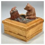 BEAR TRINKET BOX | Carved wood box with ceramic bear cub with squirrel on top. - l. 5.5 x w. 5.5 x h