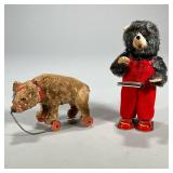 (2pc) Vintage Bear Toys | Including a Japanese wind up tin toy of a grey bear holding a book of anim