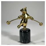 Brass Circus Bear | Standing bear with long barbell on a black stone base, heavy! No apparent markin