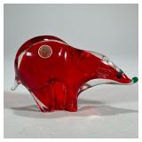 Murano Glass Bear | Red murano glass bear figure with green nose and eyes, with Murano, Italy label.