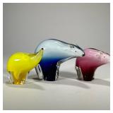 (3pc) Art Glass Bears | A set of three colorful art glass bears in blue, yellow, and pink, no appare