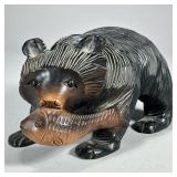CARVED WOOD BEAR | Carved wood bear with fish figurine. - l. 9 x w. 4.5 x h. 5 in  Contact All Count