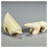 (2pc) BONE CARVED BEARS | 2 bone carved bear figurines. - l. 3.25 x w. 1.5 x h. 2 in  Contact All Co