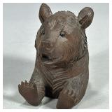 CARVED WOOD BEAR INKWELL | Carved wood bear head & lower body with flip top to reveal inkwell. - l. 