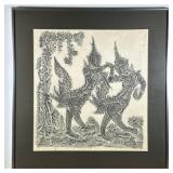 THAI TEMPLE RUBBING | Showing 2 figures playing music and dancing, 18 x 17 in. sight. - l. 24 x w. 2