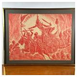 THAI TEMPLE RUBBING | Depicting ware scene in red ink, 17 x 23 in. Sight. - l. 27 x w. 21 in (frame)