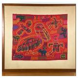 FRAMED MOLA TEXTILE ART | Depicting pelicans and other animals, 15.5 x 18.5 in sight. - l. 25.5 x w.