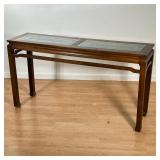 CHINESE ALTER TABLE | Having inlaid glass top and carved sides. - l. 52 x w. 14 x h. 28 in