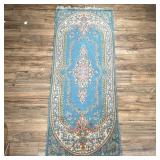 FRENCH STYLE RUNNER | Having light blue backing with pink floral central medallion and border. - l. 