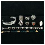 (10pc) STERLING SILVER JEWELRY | Including heart linked bracelet (15.1g), curved open bracelet (14g)