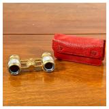 ALTEX PARIS OPERA GLASSES | Brass Altex Paris opera glasses with Pearl inlay and red leather case. -