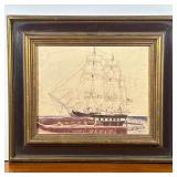 SHIP OIL PAINTING | Ship at dock. Oil on canvas. 8 x 10 in. Sight. - l. 14.5 x w. 12.5 in