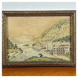MINIATURE FRAMED NEEDLEPOINT | Small needlepoint depicting riverside city. - l. 7.5 x w. 5.5 in