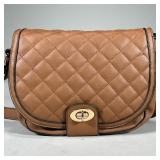 CARAMEL LEATHER PURSE | Caramel leather purse with diamond stitch front. - l. 12 x w. 4 x h. 8 in