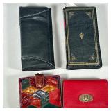 (4pc) LEATHER HANDBAGS & WALLETS | Including: colorful patchwork leather wallet, "Book of Wealth" ev