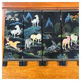 MINIATURE JAPANESE PANEL | Having carved stone and jade horse reliefs on a painted nature backdrop. 