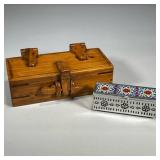 (2pc) DECORATIVE CARVED BOXES | Including: carved wood box with train design, and Mexican stamped me