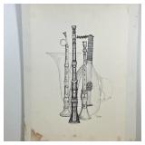 INSTRUMENT PRINT | Showing antique instruments, unframed, signed lower right. - l. 18.5 x w. 14.75 i