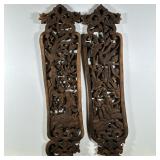 (2pc) PAIR CHINESE WOOD CARVINGS | Depicting two women in nature with various animals. - l. 24 x w. 