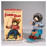 Alps Tin Fishing Bear | Animated wind-up toy fishing bear by Alps, made in Japan, in original box. -