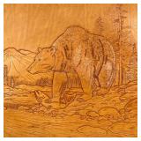 LEWIS J. BRICE LEATHER ART | Burnished / embossed leather art of a bear catching salmon from a river