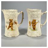 (2pc) English Bear Pitchers | English sculpted porcelain pitchers each decorated with scenes of bear