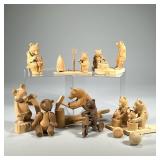 (9pc) Articulating Wood Bears | Bears engaged in various activities including sawing, building, and 