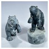 (2pc) PAIR CARVED STONE BEAR FIGURINES | Including black carved stone bear on stone base and similar